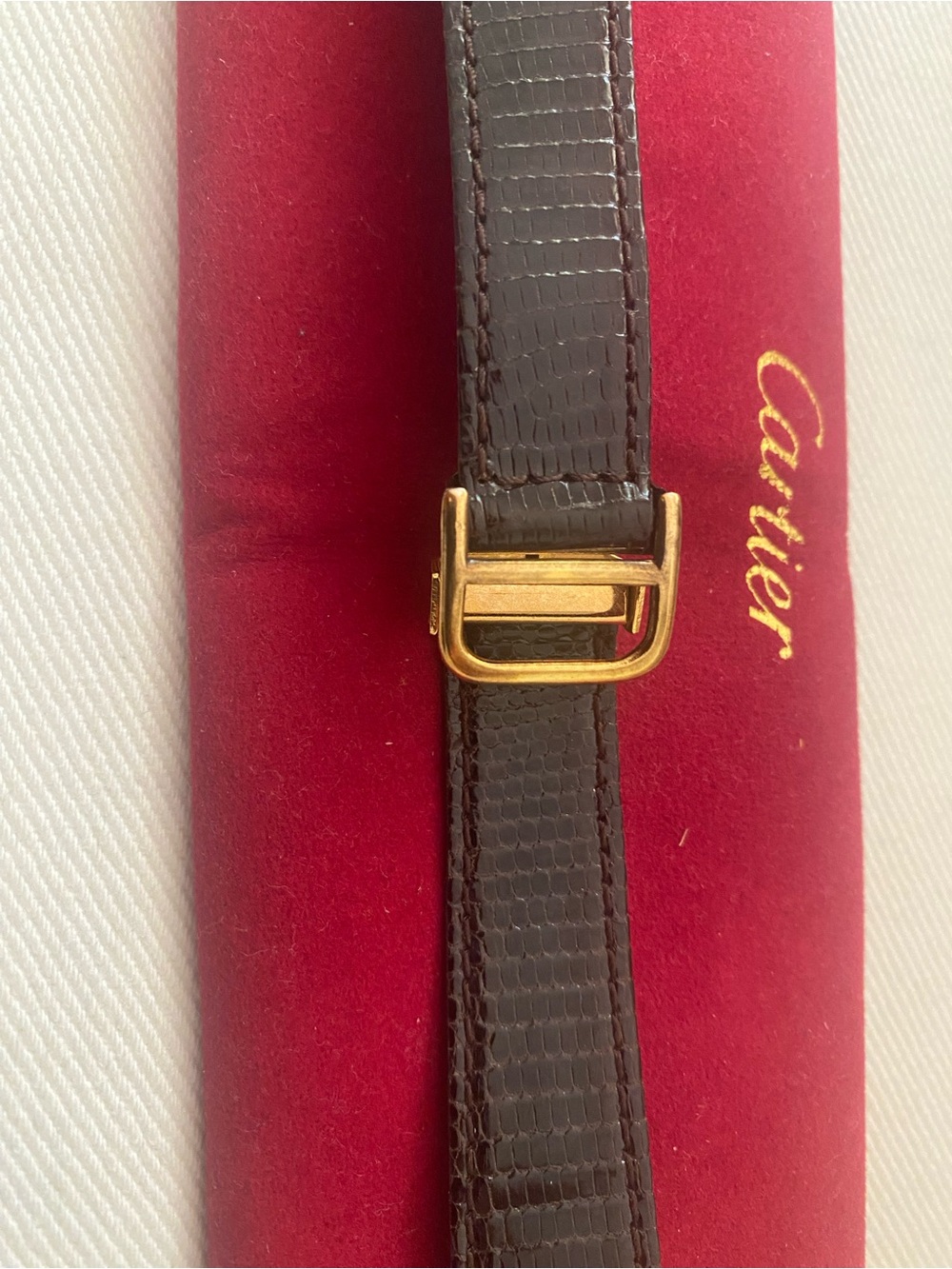 Vintage Brown Lizard Leather Watch Strap with Gold plated Deployant for Catier